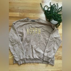 Forever 21 Aspen U.S.A Crew Sweater Sz L Tan/Brown Gold Lettering/Embroidery